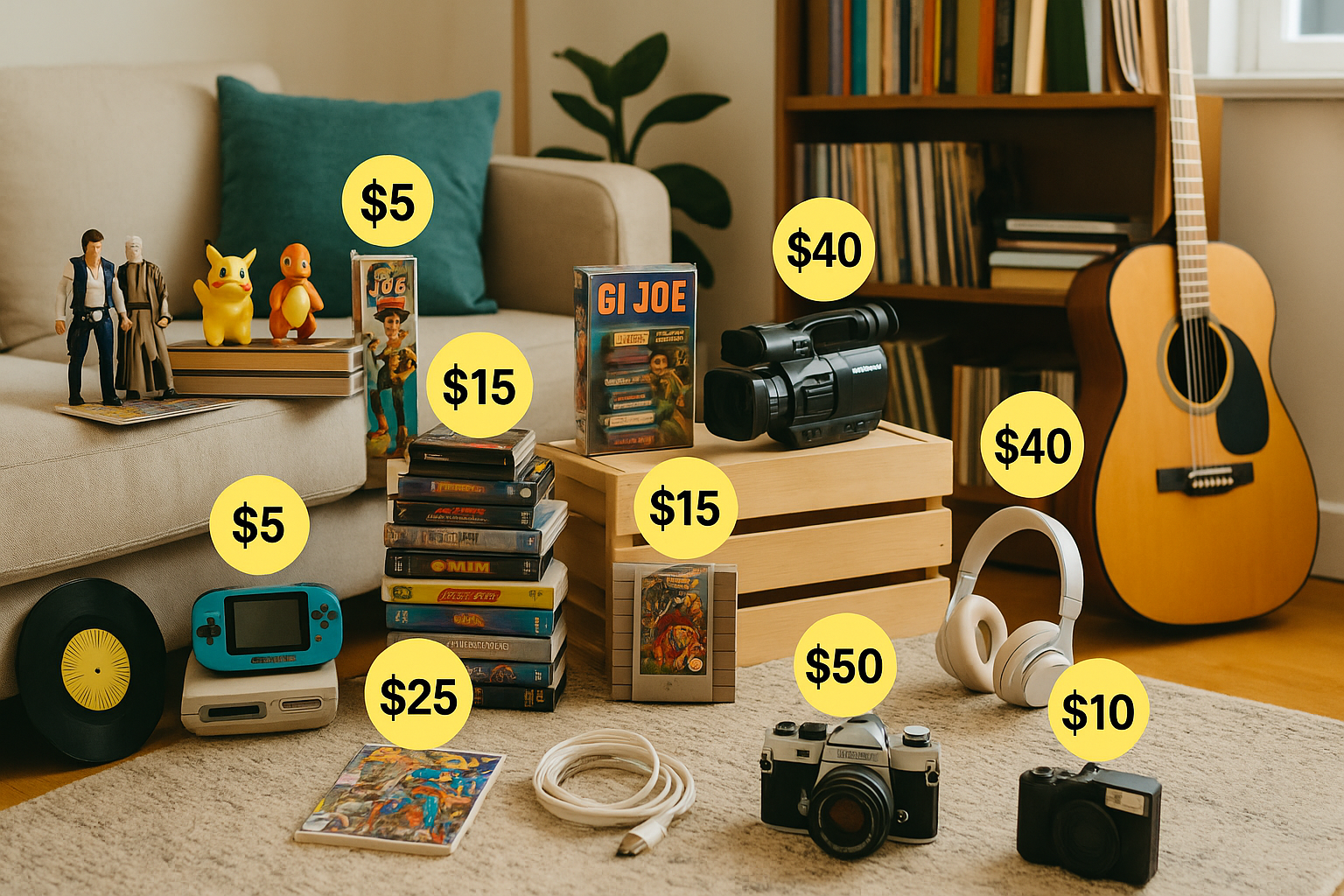 Items for sale with price tags showing how much you can earn